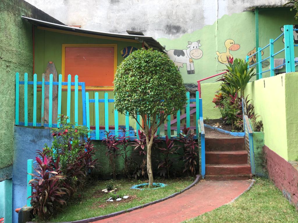 Crianças explorando a área verde da escola